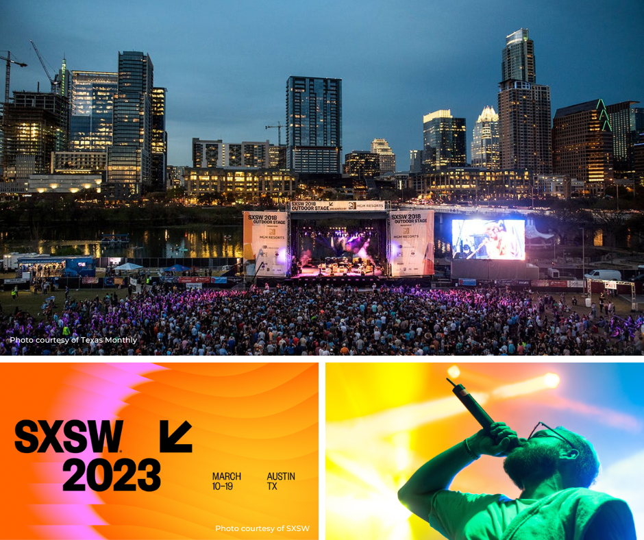 Photo of downtown Austin during SXSW. Big stage with a ton of people in the audience watching a band. 